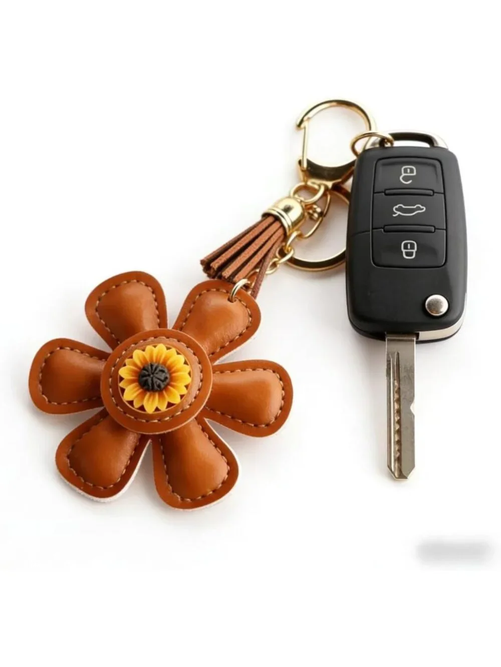 Leather Sunflower Keychain with Tassel | Cowhide Flower Bag Charm & Car Pendant